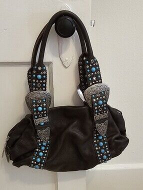 CHARM AND LUCK BLACK LEATHER HANDBAG RHINESTONES &TURQUOISE STUDDED SHOULDER BAG